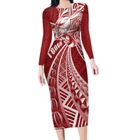 Tonga Independence Day Long Sleeve Bodycon Dress Tongatapu Lion Ngatu Motifs LT7 Long Dress Red - Polynesian Pride
