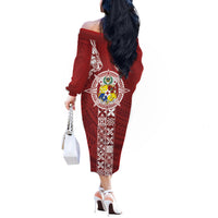 Tonga Independence Day Off The Shoulder Long Sleeve Dress Tongatapu Lion Ngatu Motifs LT7 - Polynesian Pride