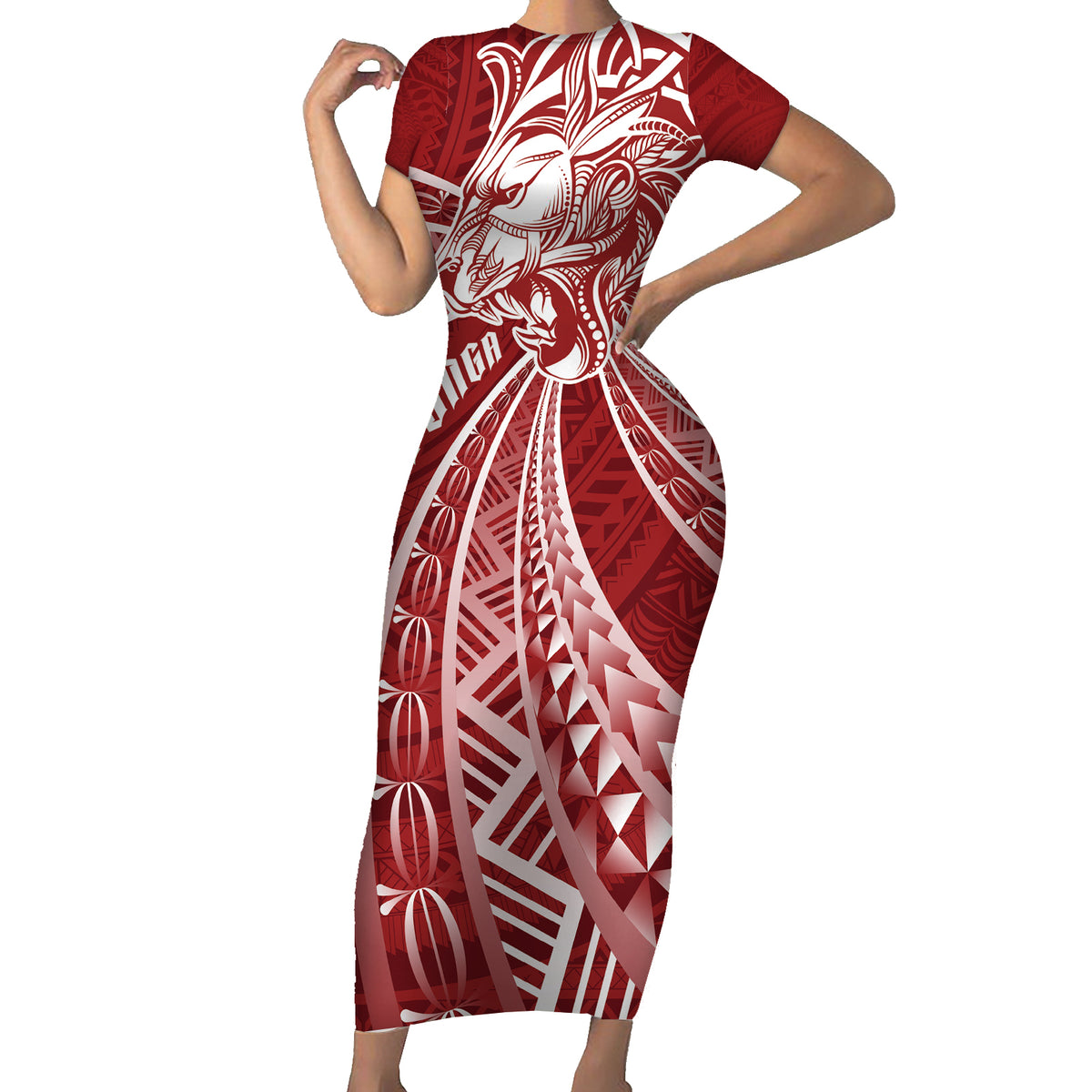 Tonga Independence Day Short Sleeve Bodycon Dress Tongatapu Lion Ngatu Motifs LT7 Long Dress Red - Polynesian Pride