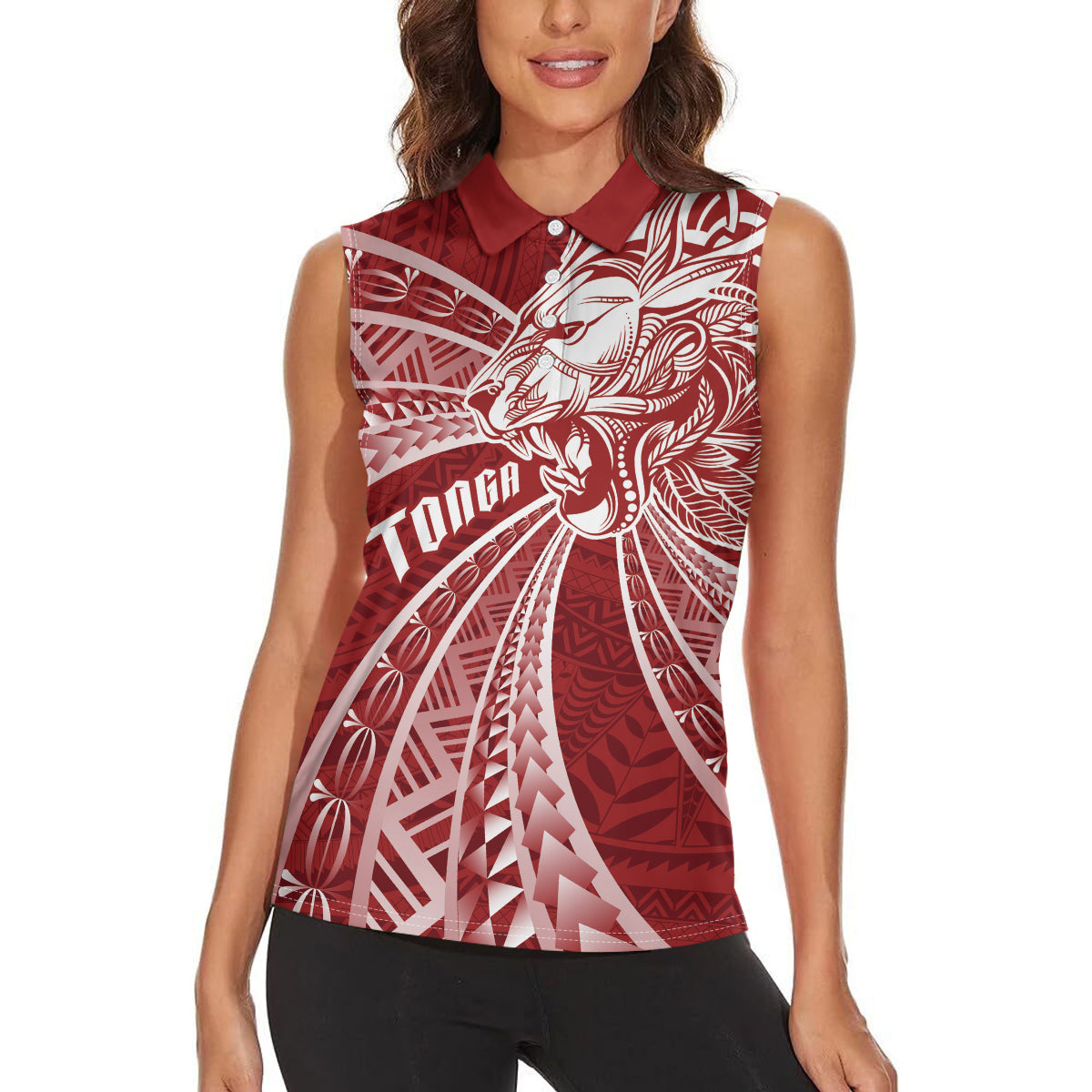 Tonga Independence Day Women Sleeveless Polo Shirt Tongatapu Lion Ngatu Motifs LT7 - Polynesian Pride