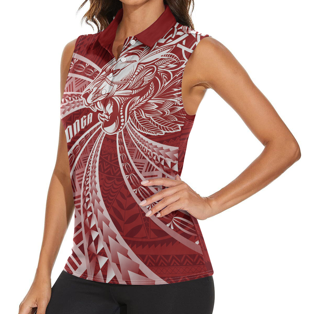 Tonga Independence Day Women Sleeveless Polo Shirt Tongatapu Lion Ngatu Motifs LT7 - Polynesian Pride
