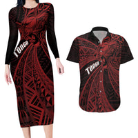 Tonga Independence Day Couples Matching Long Sleeve Bodycon Dress and Hawaiian Shirt Tongatapu Lion Ngatu Motifs Black Ver. LT7 Black - Polynesian Pride