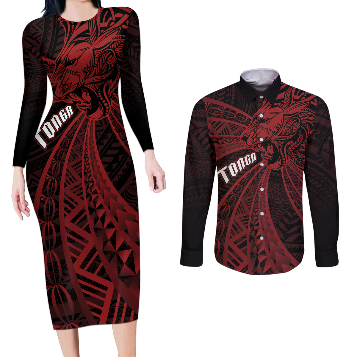 Tonga Independence Day Couples Matching Long Sleeve Bodycon Dress and Long Sleeve Button Shirt Tongatapu Lion Ngatu Motifs Black Ver. LT7 Black - Polynesian Pride