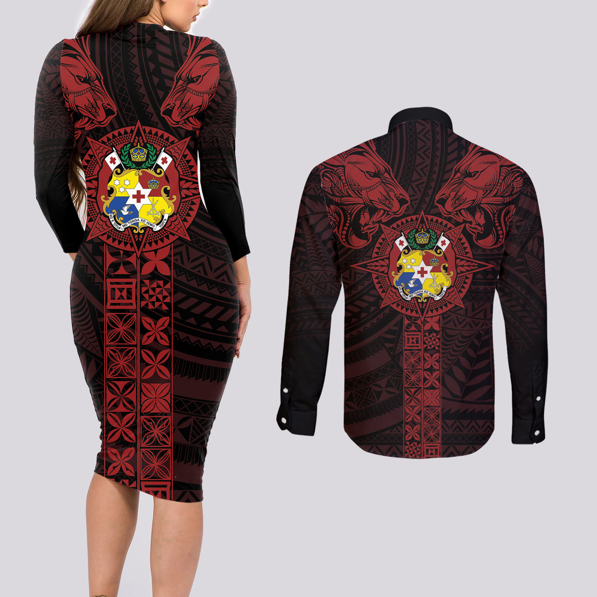 Tonga Independence Day Couples Matching Long Sleeve Bodycon Dress and Long Sleeve Button Shirt Tongatapu Lion Ngatu Motifs Black Ver. LT7 - Polynesian Pride