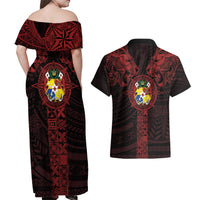 Tonga Independence Day Couples Matching Off Shoulder Maxi Dress and Hawaiian Shirt Tongatapu Lion Ngatu Motifs Black Ver. LT7 - Polynesian Pride