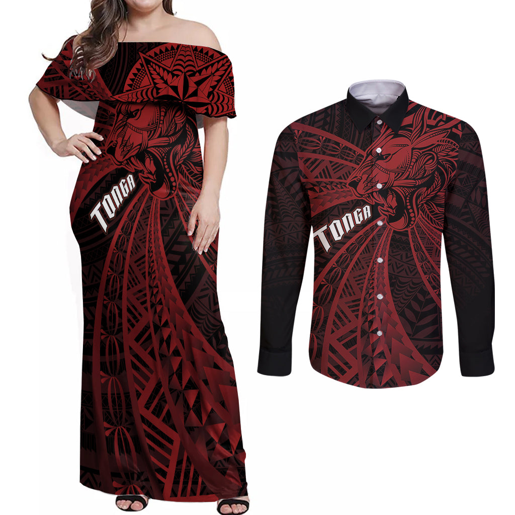 Tonga Independence Day Couples Matching Off Shoulder Maxi Dress and Long Sleeve Button Shirt Tongatapu Lion Ngatu Motifs Black Ver. LT7 Black - Polynesian Pride