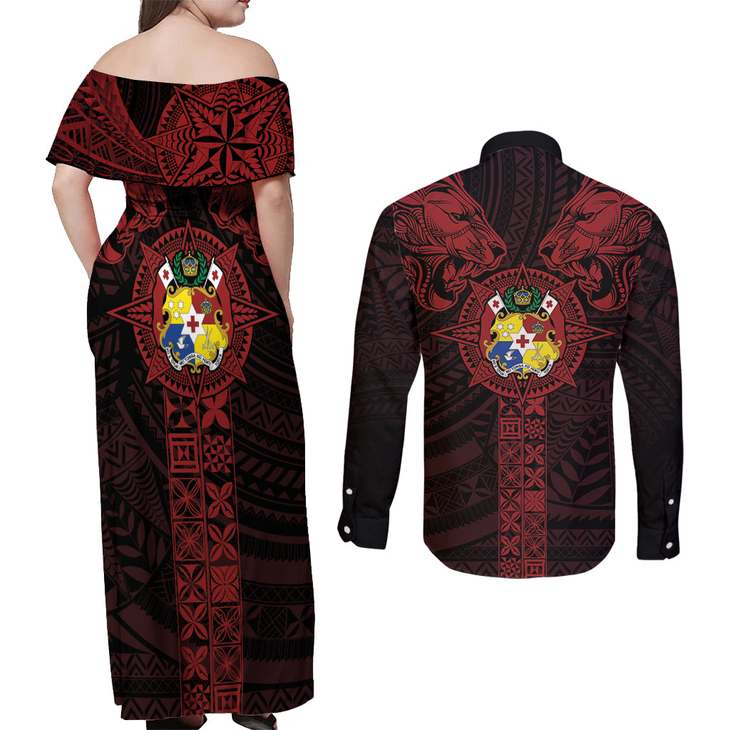 Tonga Independence Day Couples Matching Off Shoulder Maxi Dress and Long Sleeve Button Shirt Tongatapu Lion Ngatu Motifs Black Ver. LT7 - Polynesian Pride