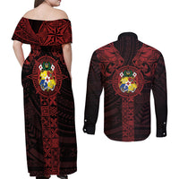 Tonga Independence Day Couples Matching Off Shoulder Maxi Dress and Long Sleeve Button Shirt Tongatapu Lion Ngatu Motifs Black Ver. LT7 - Polynesian Pride