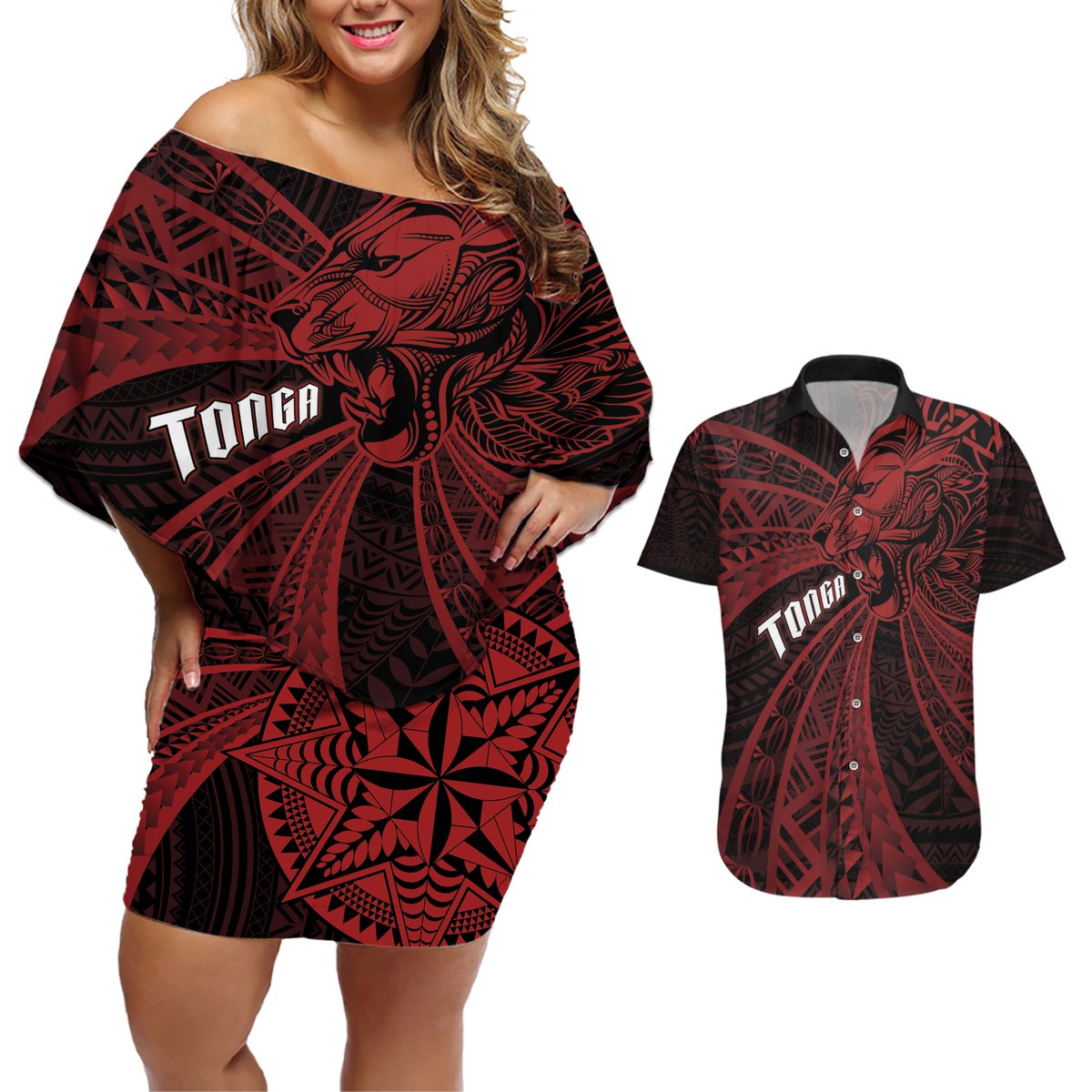 Tonga Independence Day Couples Matching Off Shoulder Short Dress and Hawaiian Shirt Tongatapu Lion Ngatu Motifs Black Ver. LT7 Black - Polynesian Pride