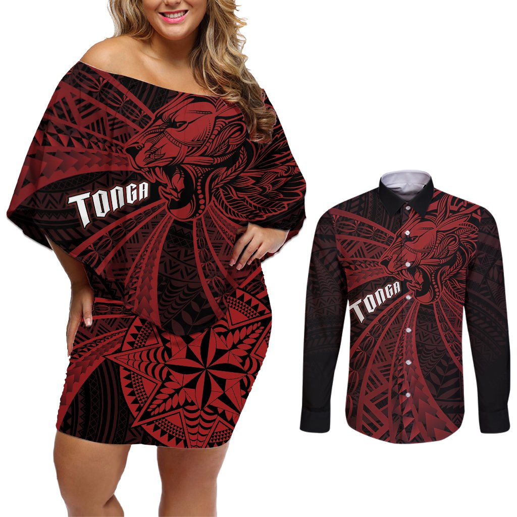 Tonga Independence Day Couples Matching Off Shoulder Short Dress and Long Sleeve Button Shirt Tongatapu Lion Ngatu Motifs Black Ver. LT7 Black - Polynesian Pride