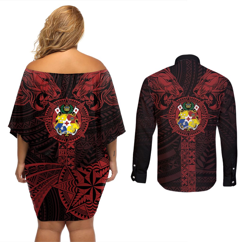 Tonga Independence Day Couples Matching Off Shoulder Short Dress and Long Sleeve Button Shirt Tongatapu Lion Ngatu Motifs Black Ver. LT7 - Polynesian Pride