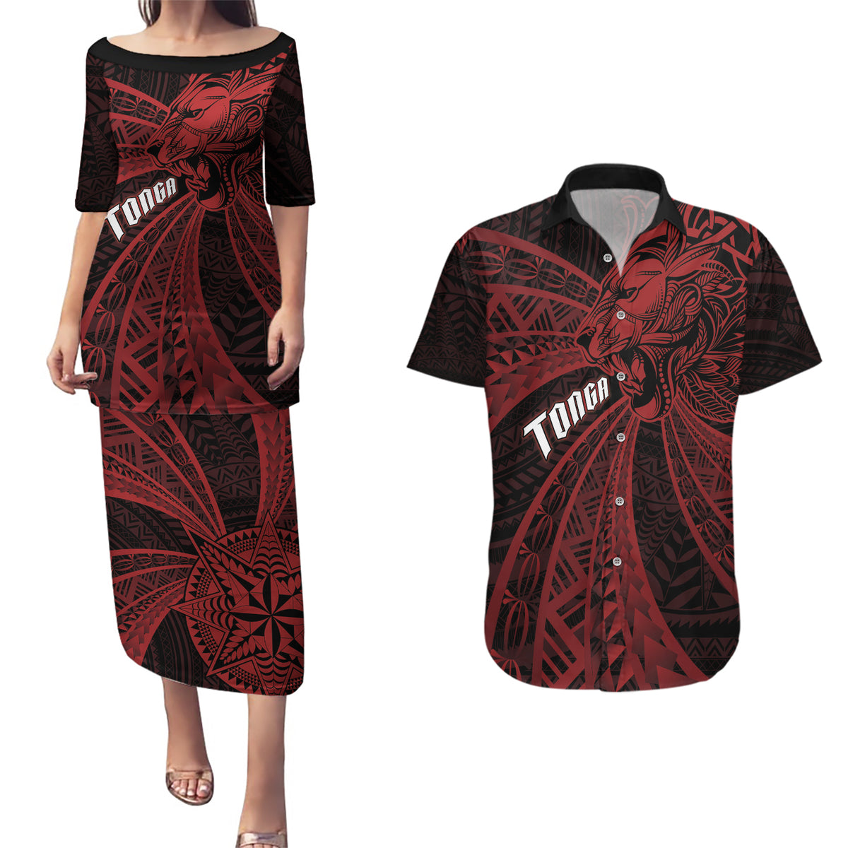 Tonga Independence Day Couples Matching Puletasi and Hawaiian Shirt Tongatapu Lion Ngatu Motifs Black Ver. LT7 Black - Polynesian Pride