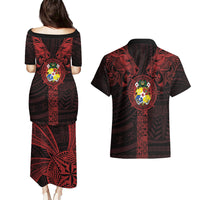 Tonga Independence Day Couples Matching Puletasi and Hawaiian Shirt Tongatapu Lion Ngatu Motifs Black Ver. LT7 - Polynesian Pride