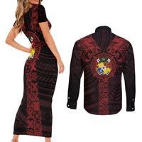 Tonga Independence Day Couples Matching Short Sleeve Bodycon Dress and Long Sleeve Button Shirt Tongatapu Lion Ngatu Motifs Black Ver. LT7 - Polynesian Pride
