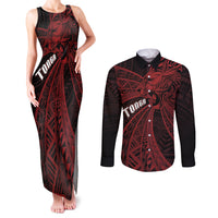 Tonga Independence Day Couples Matching Tank Maxi Dress and Long Sleeve Button Shirt Tongatapu Lion Ngatu Motifs Black Ver. LT7 Black - Polynesian Pride