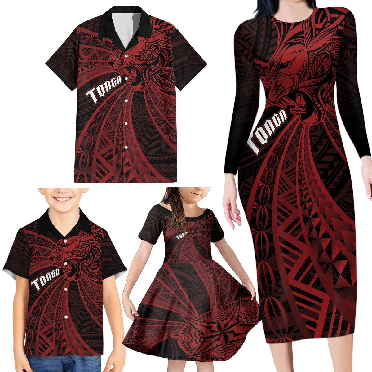 Tonga Independence Day Family Matching Long Sleeve Bodycon Dress and Hawaiian Shirt Tongatapu Lion Ngatu Motifs Black Ver. LT7 - Polynesian Pride