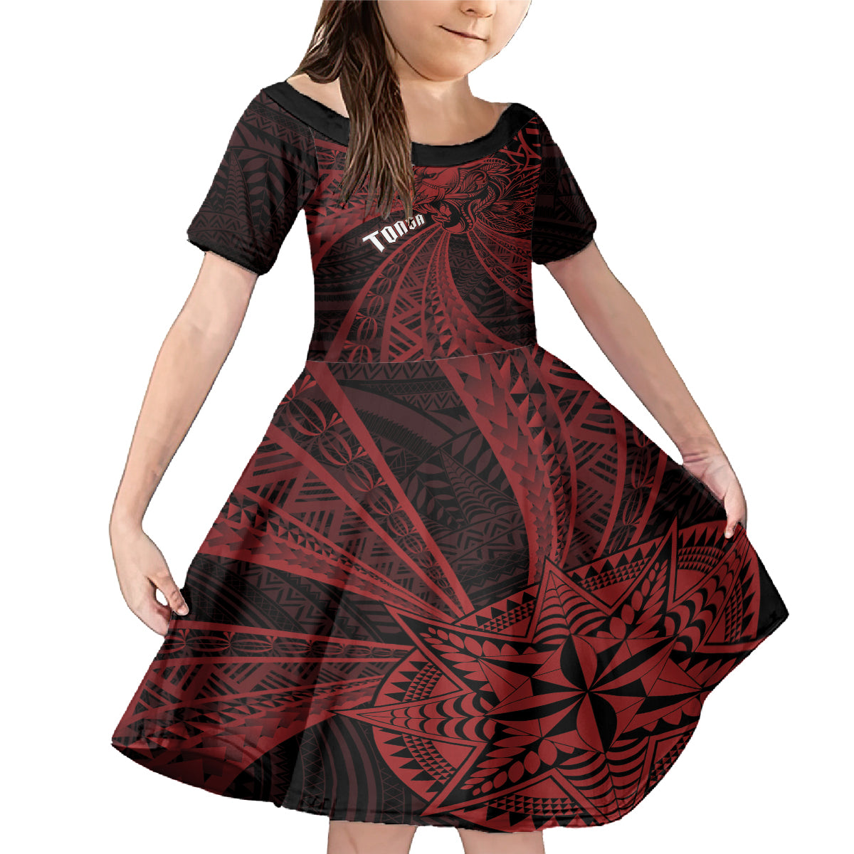 Tonga Independence Day Family Matching Mermaid Dress and Hawaiian Shirt Tongatapu Lion Ngatu Motifs Black Ver. LT7 Daughter's Dress Black - Polynesian Pride