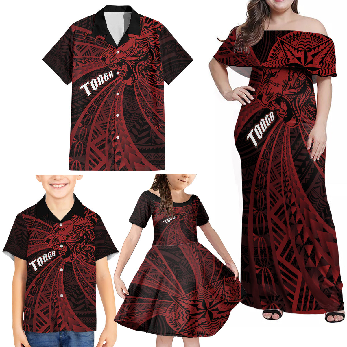 Tonga Independence Day Family Matching Off Shoulder Maxi Dress and Hawaiian Shirt Tongatapu Lion Ngatu Motifs Black Ver. LT7 - Polynesian Pride