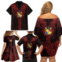 Tonga Independence Day Family Matching Off Shoulder Short Dress and Hawaiian Shirt Tongatapu Lion Ngatu Motifs Black Ver. LT7 - Polynesian Pride