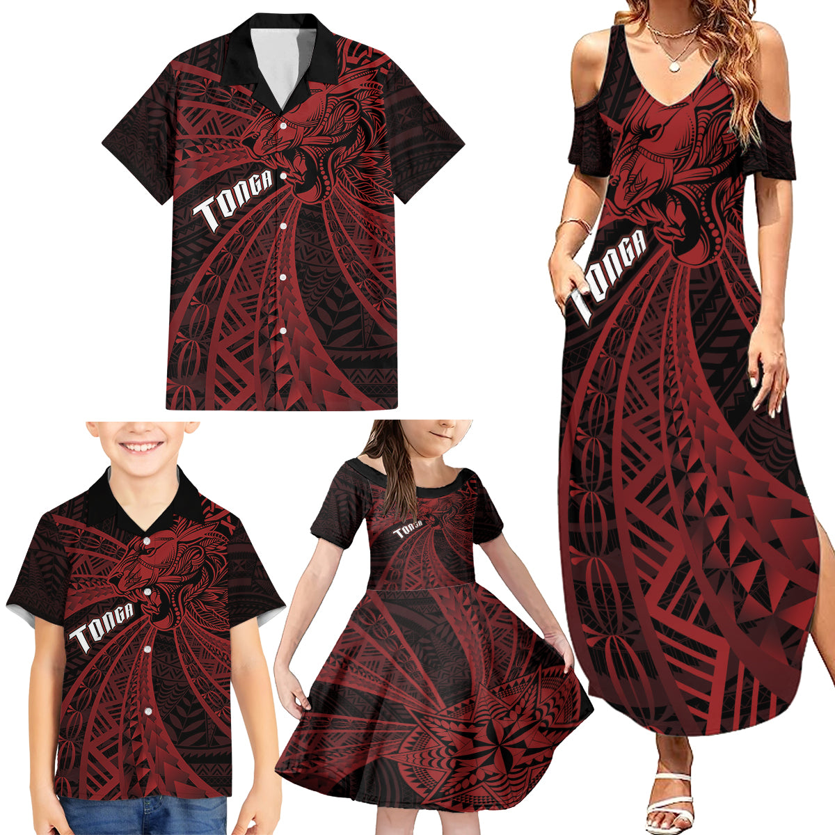 Tonga Independence Day Family Matching Summer Maxi Dress and Hawaiian Shirt Tongatapu Lion Ngatu Motifs Black Ver. LT7 - Polynesian Pride