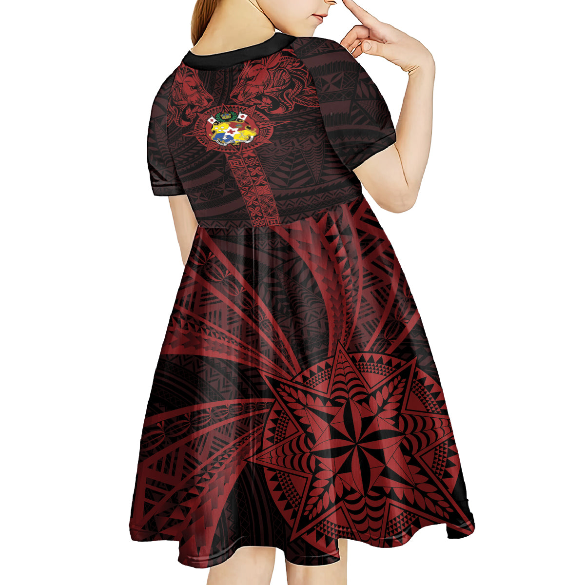 Tonga Independence Day Kid Short Sleeve Dress Tongatapu Lion Ngatu Motifs Black Ver. LT7 - Polynesian Pride