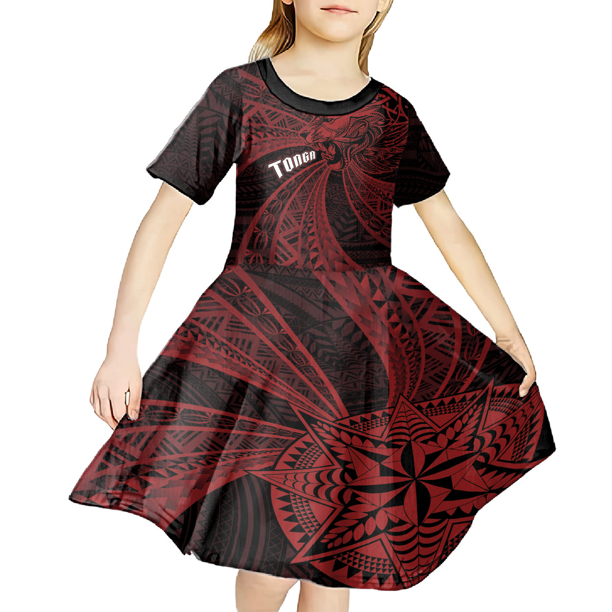 Tonga Independence Day Kid Short Sleeve Dress Tongatapu Lion Ngatu Motifs Black Ver. LT7 - Polynesian Pride