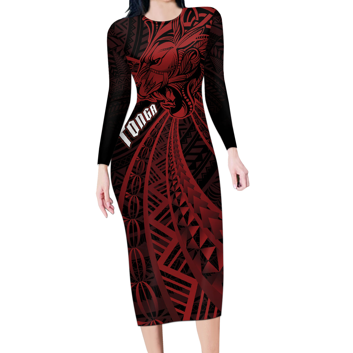 Tonga Independence Day Long Sleeve Bodycon Dress Tongatapu Lion Ngatu Motifs Black Ver. LT7 Long Dress Black - Polynesian Pride