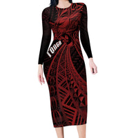 Tonga Independence Day Long Sleeve Bodycon Dress Tongatapu Lion Ngatu Motifs Black Ver. LT7 Long Dress Black - Polynesian Pride