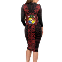 Tonga Independence Day Long Sleeve Bodycon Dress Tongatapu Lion Ngatu Motifs Black Ver. LT7 - Polynesian Pride
