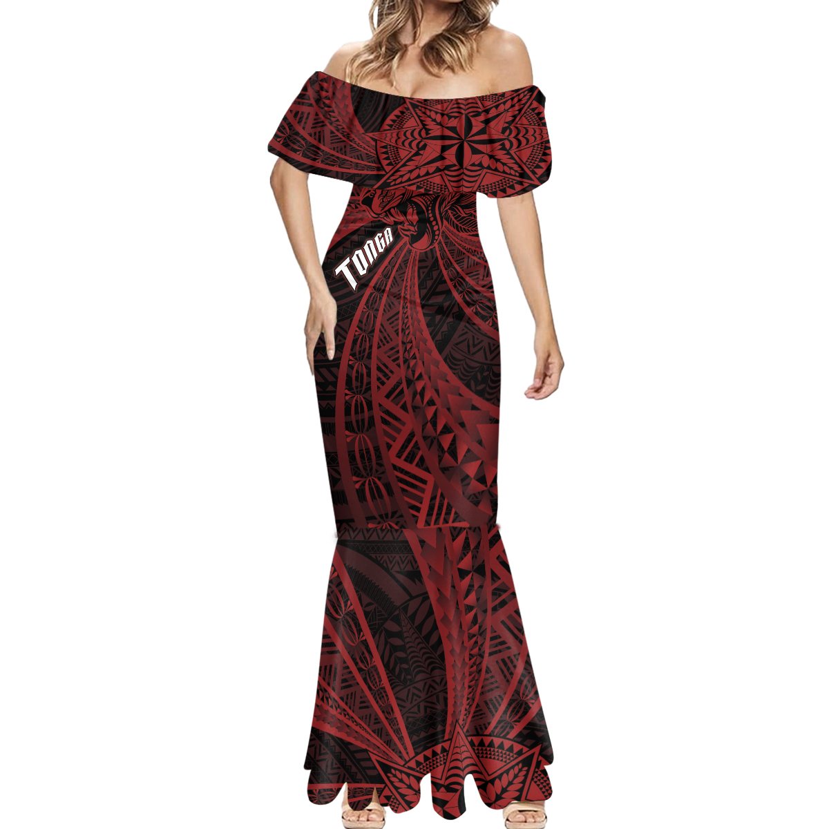 Tonga Independence Day Mermaid Dress Tongatapu Lion Ngatu Motifs Black Ver. LT7 - Polynesian Pride