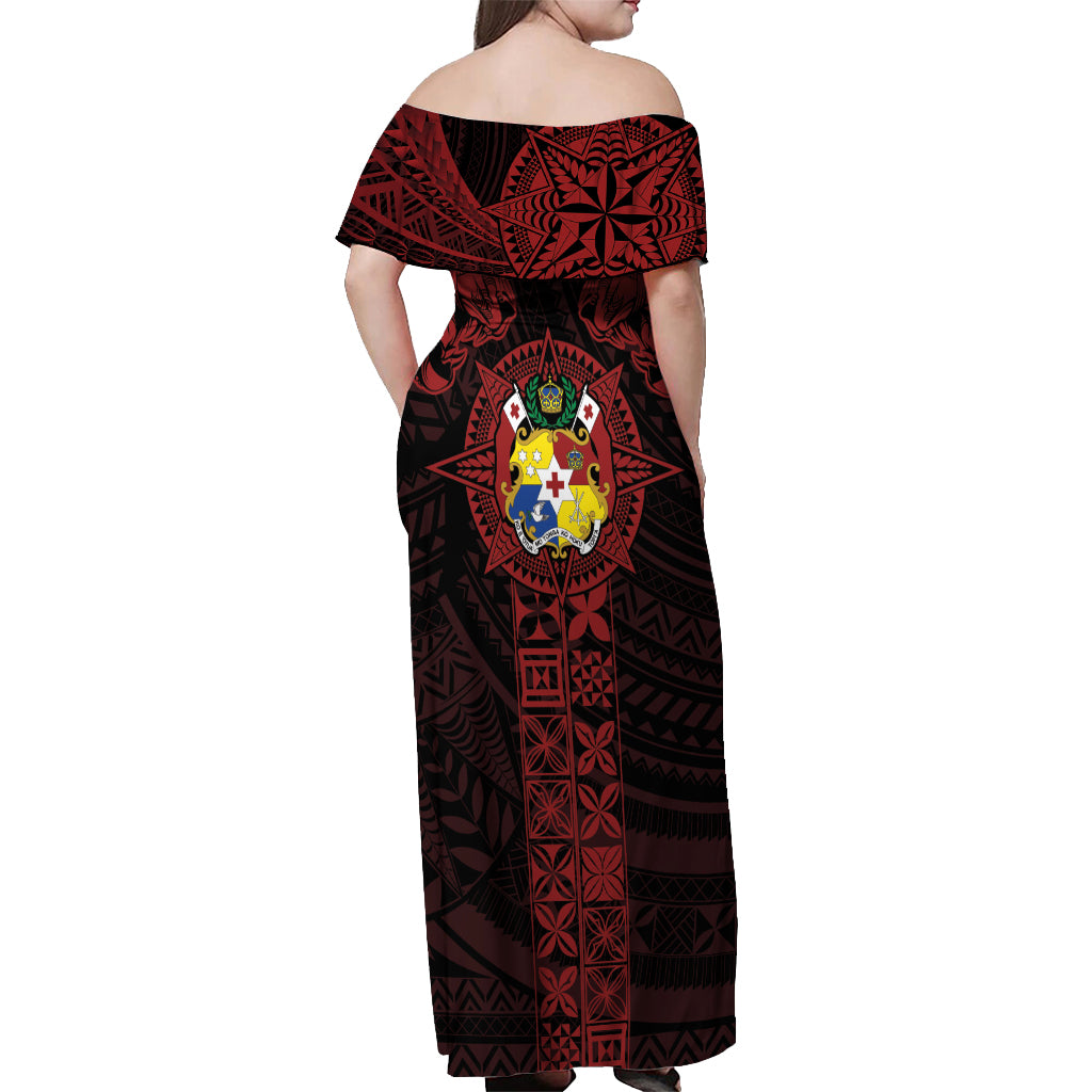 Tonga Independence Day Off Shoulder Maxi Dress Tongatapu Lion Ngatu Motifs Black Ver. LT7 - Polynesian Pride