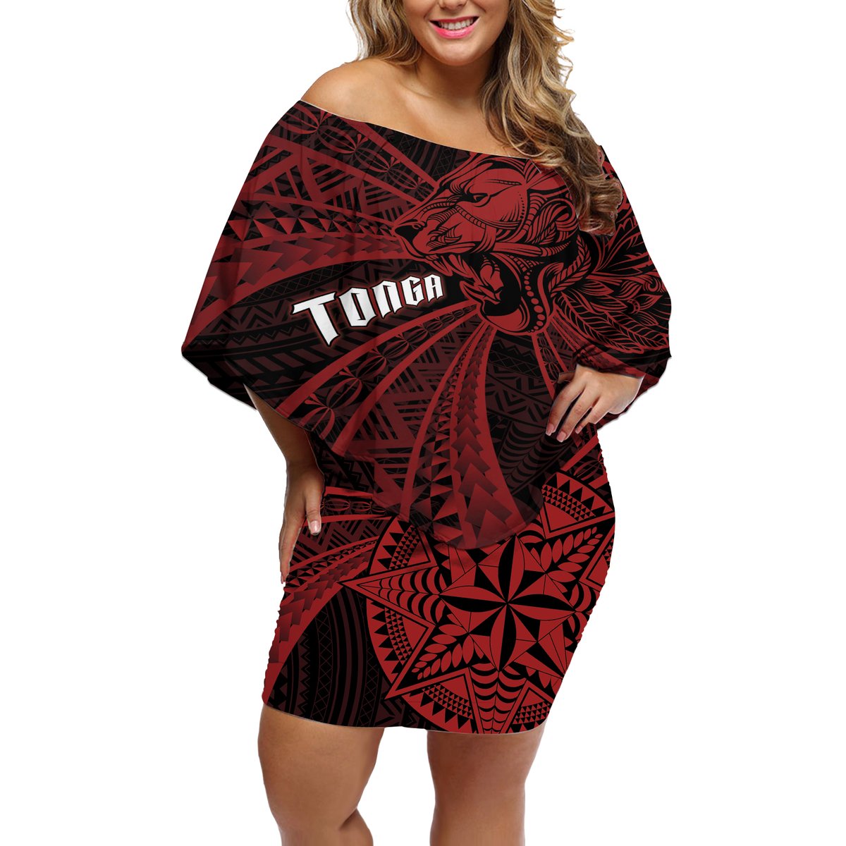 Tonga Independence Day Off Shoulder Short Dress Tongatapu Lion Ngatu Motifs Black Ver. LT7 Women Black - Polynesian Pride
