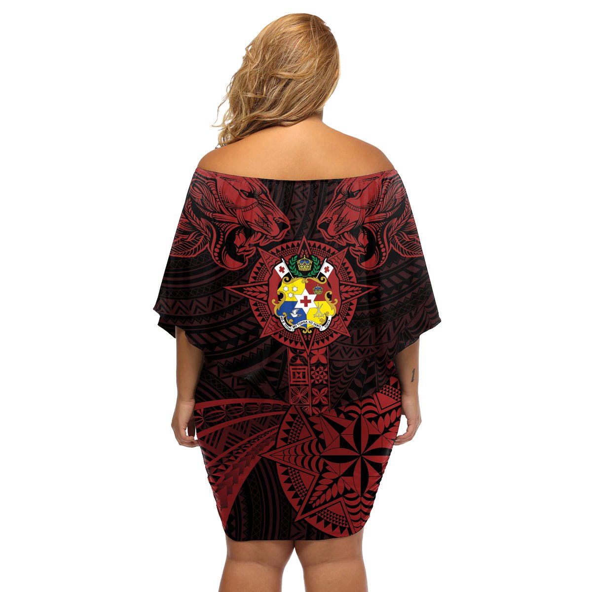 Tonga Independence Day Off Shoulder Short Dress Tongatapu Lion Ngatu Motifs Black Ver. LT7 - Polynesian Pride