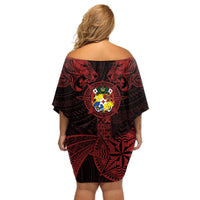 Tonga Independence Day Off Shoulder Short Dress Tongatapu Lion Ngatu Motifs Black Ver. LT7 - Polynesian Pride