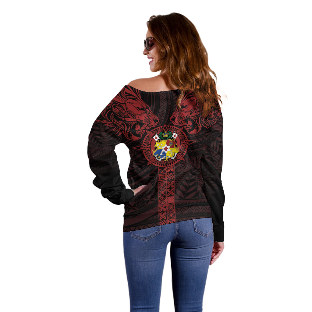 Tonga Independence Day Off Shoulder Sweater Tongatapu Lion Ngatu Motifs Black Ver.