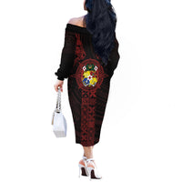 Tonga Independence Day Off The Shoulder Long Sleeve Dress Tongatapu Lion Ngatu Motifs Black Ver. LT7 - Polynesian Pride