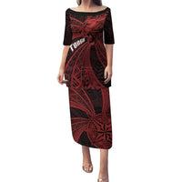 Tonga Independence Day Puletasi Tongatapu Lion Ngatu Motifs Black Ver. LT7 Long Dress Black - Polynesian Pride