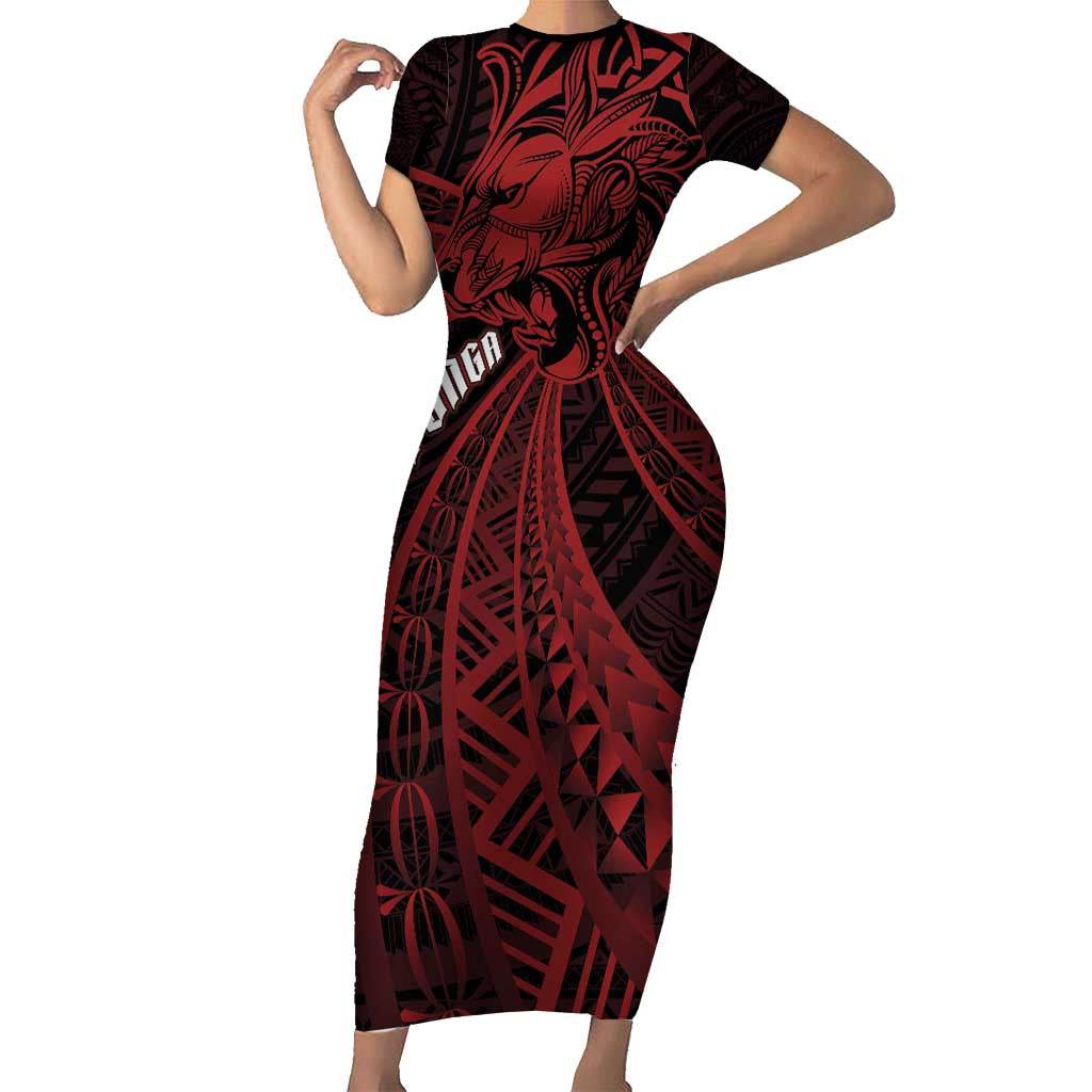 Tonga Independence Day Short Sleeve Bodycon Dress Tongatapu Lion Ngatu Motifs Black Ver. LT7 Long Dress Black - Polynesian Pride