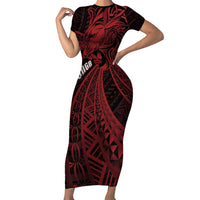 Tonga Independence Day Short Sleeve Bodycon Dress Tongatapu Lion Ngatu Motifs Black Ver. LT7 Long Dress Black - Polynesian Pride
