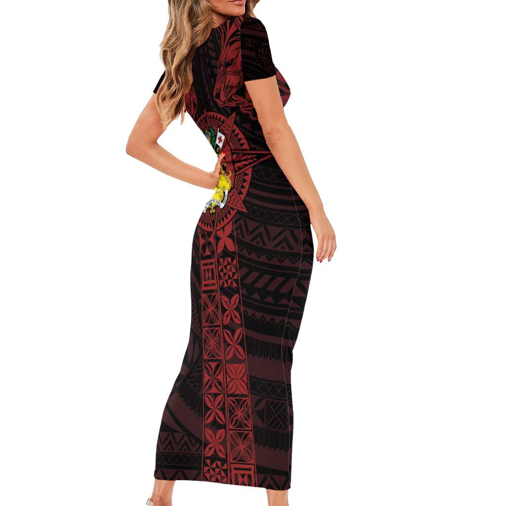 Tonga Independence Day Short Sleeve Bodycon Dress Tongatapu Lion Ngatu Motifs Black Ver. LT7 - Polynesian Pride