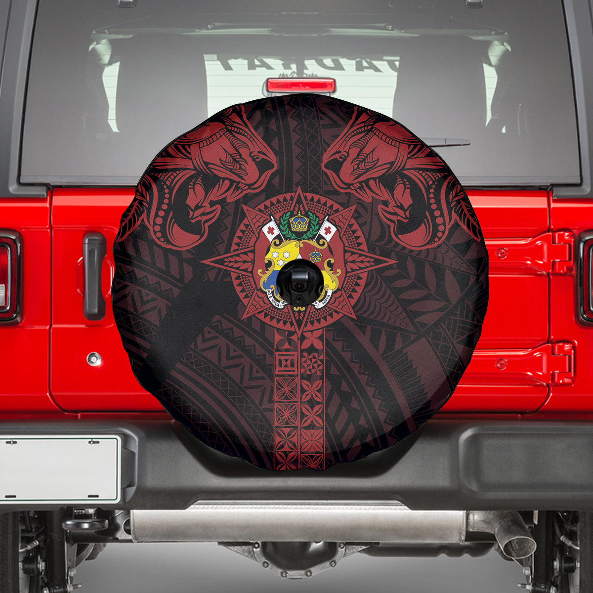 Tonga Independence Day Spare Tire Cover Tongatapu Lion Ngatu Motifs Black Ver. LT7 - Polynesian Pride