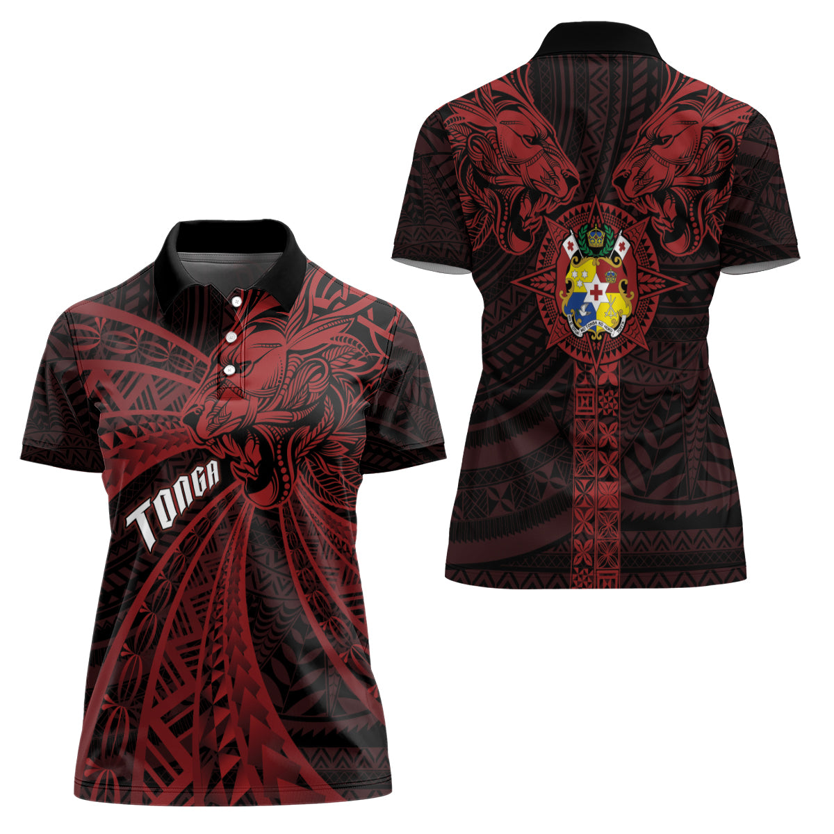 Tonga Independence Day Women Polo Shirt Tongatapu Lion Ngatu Motifs Black Ver.