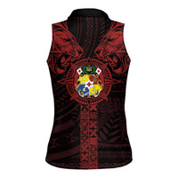 Tonga Independence Day Women Sleeveless Polo Shirt Tongatapu Lion Ngatu Motifs Black Ver. LT7 - Polynesian Pride