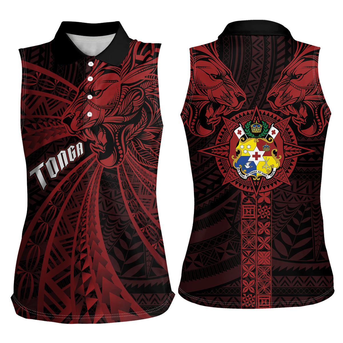 Tonga Independence Day Women Sleeveless Polo Shirt Tongatapu Lion Ngatu Motifs Black Ver. LT7 - Polynesian Pride