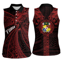 Tonga Independence Day Women Sleeveless Polo Shirt Tongatapu Lion Ngatu Motifs Black Ver. LT7 - Polynesian Pride