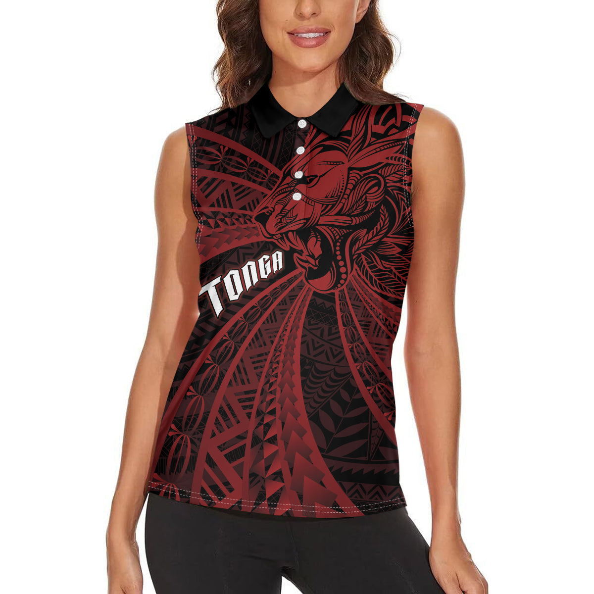 Tonga Independence Day Women Sleeveless Polo Shirt Tongatapu Lion Ngatu Motifs Black Ver. LT7 - Polynesian Pride