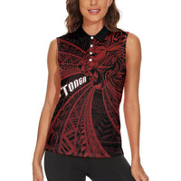 Tonga Independence Day Women Sleeveless Polo Shirt Tongatapu Lion Ngatu Motifs Black Ver. LT7 - Polynesian Pride