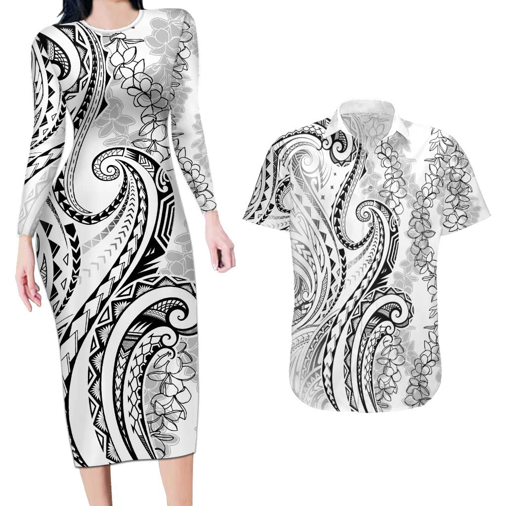 Polynesia Plumeria Lei Couples Matching Long Sleeve Bodycon Dress and Hawaiian Shirt White Curves Motif LT7 White - Polynesian Pride