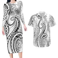 Polynesia Plumeria Lei Couples Matching Long Sleeve Bodycon Dress and Hawaiian Shirt White Curves Motif LT7 White - Polynesian Pride