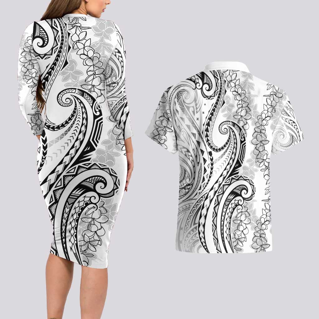 Polynesia Plumeria Lei Couples Matching Long Sleeve Bodycon Dress and Hawaiian Shirt White Curves Motif LT7 - Polynesian Pride